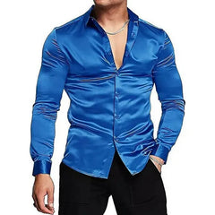 Mens Silk Shirts Long Sleeve-Luxury Shiny Silk Satin Party Dress Shirt Button Up Casual Muscle Fit for Men