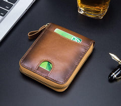 BULLCAPTAIN Mens Genuine Leather Zipper Wallet RFID Blocking Bifold Secure Zip Around Wallets Multi Credit Card Holder Purse, Handmad Brown, S, Rfid Wallet