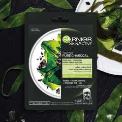 Garnier Hydrating Tissue Mask for Face, With Natural Charcoal, Seaweed, and Hyaluronic Acid, For Pore Tightening, SkinActive Pure Charcoal, 28g