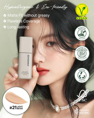 GIVERNY Milchak Matt Fit Foundation #21 Light beige - Matte Finish Liquid Foundation for Sebum and Sweat Control - Lightweight & Waterproof Makeup β Flawless Coverage for Oily Skin, 1.01 fl.oz.