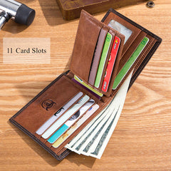 BULL CAPTAIN Wallets for Men with Double Zip Coin Purse Bifold Vintage Genuine Leather Slim Front Pocket Wallet Money Clip QB-6 (Brown)