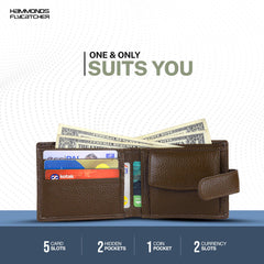 HAMMONDS FLYCATCHER Genuine Leather Wallet for Men - RFID Protected Leather Purse for Men, Money Purse for Men - 5 Card Slots, Coin Pocket, Hidden Pockets, Metal Snap Button - Brushwood