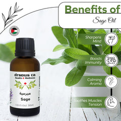 Drsous Ca Organic Clary Sage Essential Oil 30ml | 100% Pure Cold Pressed Sage Therapeutic Grade Aroma Oil for Acne Treatment and Refreshing Clear Breathing | Made in Palestine