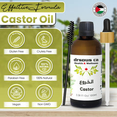 Drsous Ca Organic Castor Oil 100ml | 100% Pure Cold Pressed Hexane Free Castor Oil for Hair Growth, Eyelashes and Eyebrows | Skin Moisturiser with Vitamin E | Made in Palestine
