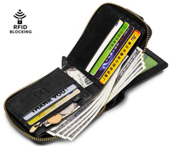 BULLCAPTAIN Mens Genuine Leather Zipper Wallet RFID Blocking Bifold Zip Around Multi Credit Card Holder (black)