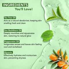 Botanic Hearth Tea Tree Body Wash with Sea Buckthorn Oil, Peppermint Oil | Detoxifies & Rejuvenates | Long Lasting Fragrance | Sulphate & Paraben Free | Shower Gel for Men and Women | 245ml