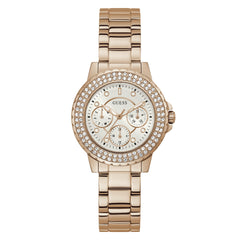 GUESS Ladies Sport Crystal Multifunction 36mm Watch – White Dial Rose Gold-Tone Stainless Steel Case with Blue Silicone Strap