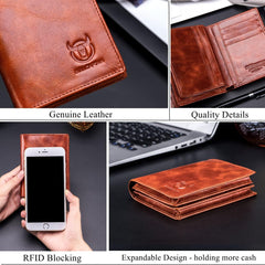 BULLCAPTAIN Large Capacity Genuine Leather Bifold Wallet/Credit Card Holder for Men with 15 Card Slots QB-027 (Reddish Brown)