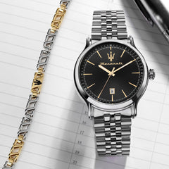 Maserati Men's Watch, Analog, Quartz, Time and Date, Steel Strap, Epoca Collection - R8853118029 - Silver/Black