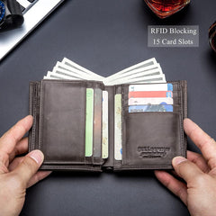 BULLCAPTAIN Large Capacity Genuine Leather Bifold Wallet/Credit Card Holder for Men with 15 Card Slots QB-027, Light Brown, Small, Modern