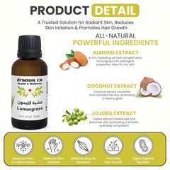 Drsous Ca Organic Lemongrass Essential Oil 30ml | 100% Cold Pressed Pure and Natural Lemongrass Oils for Diffuser, Stress Relief, Skin care and Hair care | Made in Palestine
