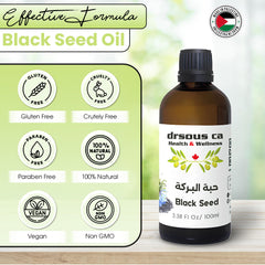 Drsous Ca Organic Black Seed Oil 100ml | 100% Pure Cold Pressed Black Cumin Seed Natural and Essential Oil for Hair Growth and Skin care | Glass Bottle, Made in Palestine