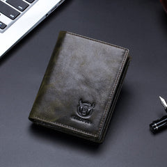 BULLCAPTAIN Large Capacity Genuine Leather Bifold Wallet/Credit Card Holder for Men with 15 Card Slots QB-027 (Olive Green)