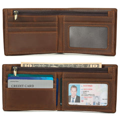 Polare Men's RFID Blocking Cowboy Genuine Natural Crazy Horse Leather Bifold Wallet - Brown-Medium with AirTag Slot