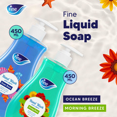 Fine Hand Wash, Bundle of 2, 450ml Bottles, 1 Ocean Breeze Scent and 1 Morning Breeze Scent Hand Wash Liquid