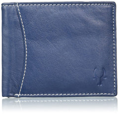 WildHorn Navy Leather Wallet for Men I Contrast Stitching I Handcrafted I 8 Card Slots I 1 Zipper & 2 Currency Compartments - Blue
