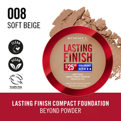 Rimmel Lasting Finish, 008 Soft Beige, Compact Foundation, Soft-Focus Finish, Matte Finish, Full Coverage, SPF20, Vegan Formula, 7g