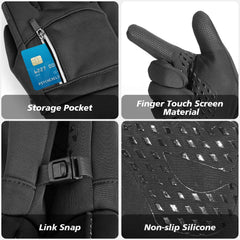 Rukoy Winter Gloves, Winter Thermal Waterproof Full Finger Bicycle Gloves Touch Screen Running Gloves Anti-slip Bike Mittens with Reflective Strips for Men Women Cycling Riding Climbing Hiking Skiing - Black