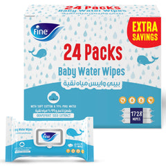 Fine Baby Water Wipes, 99% Pure Water, Free from Alcohol, Fragrance & Paraben, Pack of 24 x 72 Wipes (1,728 Wipes)