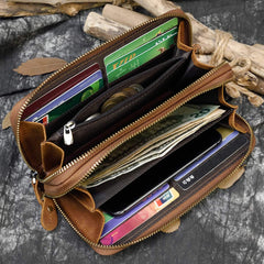 LUUFAN Men's Genuine Leather Long Wallet Chain Wallet Card holder Wallet with Coin Pocket - Brown