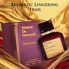 Mession de NewYork Rouge Extrait for Eau De Parfum Men and Women 3.4 Oz Features Bitter Almond & Saffron Top notes Jasmine, Cedar, ambergris, Musk & Woody ase Notes Elegant 100ml Bottle for Birthday