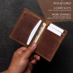 FOXHACKLE RFID Bifold Leather Wallet, Slim Minimalist Card Holder for Men & Women - Hunter Brownish