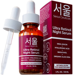 SeoulCeuticals 1% Korean Retinol Night Serum for Face - 97.5% Snail Mucin + Hyaluronic Acid + Bakuchiol, Cruelty Free K Beauty for Sensitive Skin 1oz
