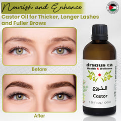 Drsous Ca Organic Castor Oil 100ml | 100% Pure Cold Pressed Hexane Free Castor Oil for Hair Growth, Eyelashes and Eyebrows | Skin Moisturiser with Vitamin E | Made in Palestine