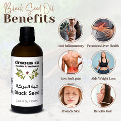 Drsous Ca Organic Black Seed Oil 100ml | 100% Pure Cold Pressed Black Cumin Seed Natural and Essential Oil for Hair Growth and Skin care | Glass Bottle, Made in Palestine