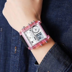 SKMEI Men's Square Watch, LED Backlight Large Screen Multi-Time Zone Men's Watch, Waterproof Analog Men's Digital Sports Watch, 2020 - Pink Transparent