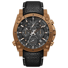 Bulova Men's Icon High Precision Quartz Chronograph Watch, Curved Mineral Crystal, 300m Water Resistant, Continuous Sweeping Secondhand, Luminous Markers - Bronze Ion-Plated/Black Leather Strap