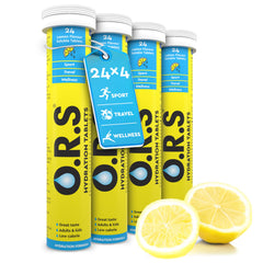 O.R.S Hydration Tablet with Electrolytes for Rehydration, Wellness, Travel, Sports & Recovery | Vegan, Gluten-Free & Low-Calorie Electrolyte Tablets with Natural Lemon Flavour, 96 Tablets (Pack of 4)