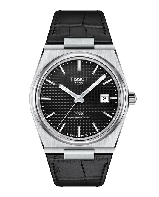 Tissot Mens PRX Powermatic 80 316L Stainless Steel case Automatic Watch, Black, Leather, 12 (T1374071605100)