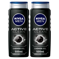 Nivea Men Active Clean Shower Gel 2X500ML & NIVEA MEN Face & Beard Wash Cleanser, DEEP Active Charcoal - 100ml