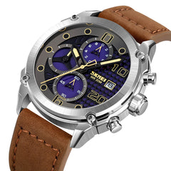 SKMEI Men's Watch Leather Strap Luxury Waterproof Fashion Business Analog Quartz Chronograph Father Gift Black Watch, 2051 - Silver Dark Brown
