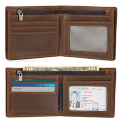 Polare Men's RFID Blocking Cowboy Genuine Natural Crazy Horse Leather Bifold Wallet - Brown-Large with AirTag Slot