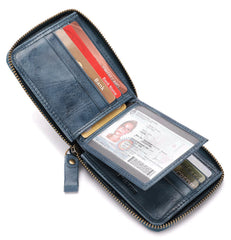 BULLCAPTAIN Mens Genuine Leather Zipper Wallet RFID Blocking Bifold Secure Zip Around Wallets Multi Credit Card Holder Purse, Blue, Small, Simplicity (QB-045)