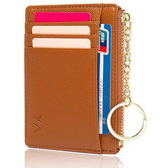 Slim RFID Blocking Card Holder Small Pocket Wallet Keychian Zipper Coin Purse Minimalist Leather Cash & Coin & Cards Case for Women Men, Brown, s, Rfid Wallet