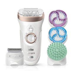 Braun Silk-pil 9 Epilator, Hair Removal, 4 In 1 Epilator With 12 Extras & Attachments Including Shaver Head & Trimmer Cap, Wet & Dry, 2 Pin Bathroom Plug, 9-961V, White/Rose Gold