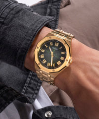 Gold-Tone and Green Sunburst Analog Watch