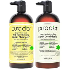 PURA D'OR Anti-Thinning Biotin Shampoo & Deep Moisturizing Conditioner Original Gold Label Set, Natural Earthy Scent, Hair Thickening Product, Women & Men