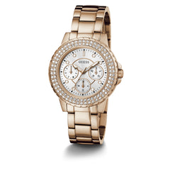GUESS Ladies Sport Crystal Multifunction 36mm Watch – White Dial Rose Gold-Tone Stainless Steel Case with Blue Silicone Strap