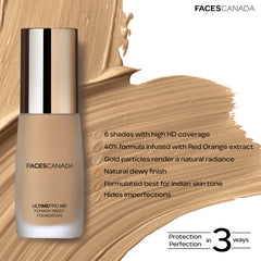 Faces Canada HD Runway Ready Foundation, Red Orange Extract & Gold particles, High Coverage, Oil-Free, Flawless Radiance, Vegan & Cruelty Free, Paraben Free, Sand 04 (Beige), 1.01 Fl Oz