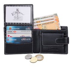 K London Real Leather Black Top Flap Contrast Stitch Premium Quality Men's Loop Wallet-1541_blk