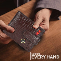 HAMMONDS FLYCATCHER Genuine Leather Wallet for Men - RFID Protected Leather Purse for Men, Money Purse for Men - 5 Card Slots, Coin Pocket, Hidden Pockets, Metal Snap Button - Croc Brown