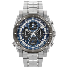 Bulova Men's Icon High Precision Quartz Chronograph Watch, Curved Mineral Crystal, 300m Water Resistant, Continuous Sweeping Secondhand, Luminous Markers - Silver Tone/Blue
