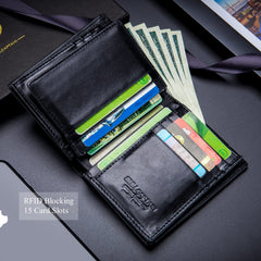BULLCAPTAIN Large Capacity Genuine Leather Bifold Wallet/Credit Card Holder for Men with 15 Card Slots QB-027, Black, Small, Retro