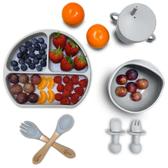 O'doe Baby Led Weaning Feeding Supplies for Toddlers, Baby Feeding Set | Suction Silicone Baby Bowl-Self Eating Utensils Set with Spoons, Bibs, Toddlers Spoon Set | Infant Food Plate Kit (Grey)