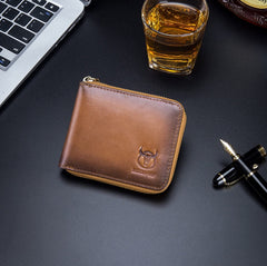 BULLCAPTAIN Mens Genuine Leather Zipper Wallet RFID Blocking Bifold Secure Zip Around Wallets Multi Credit Card Holder Purse, Handmad Brown, S, Rfid Wallet