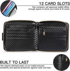 Men Wallet Genuine Leather RFID Blocking Bifold Wallet with ID Window Zip Coin Pocket (Black, One size)